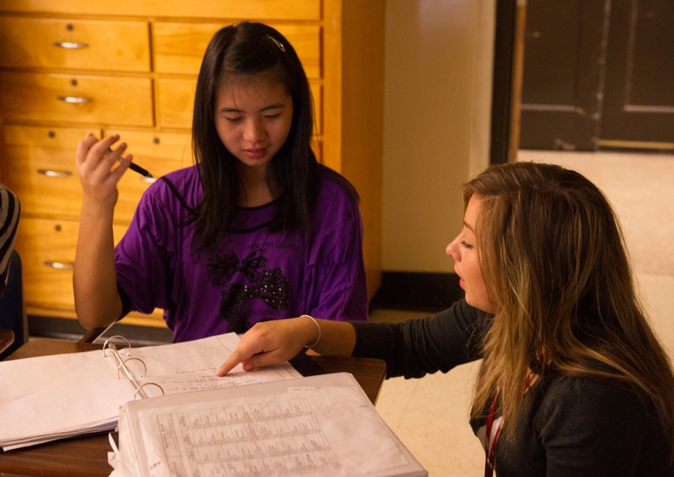 Student and teacher looking at a problem together